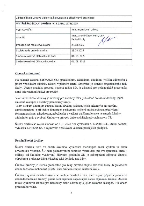 Vnitřní řád školní družiny ode dne 01.09.2024