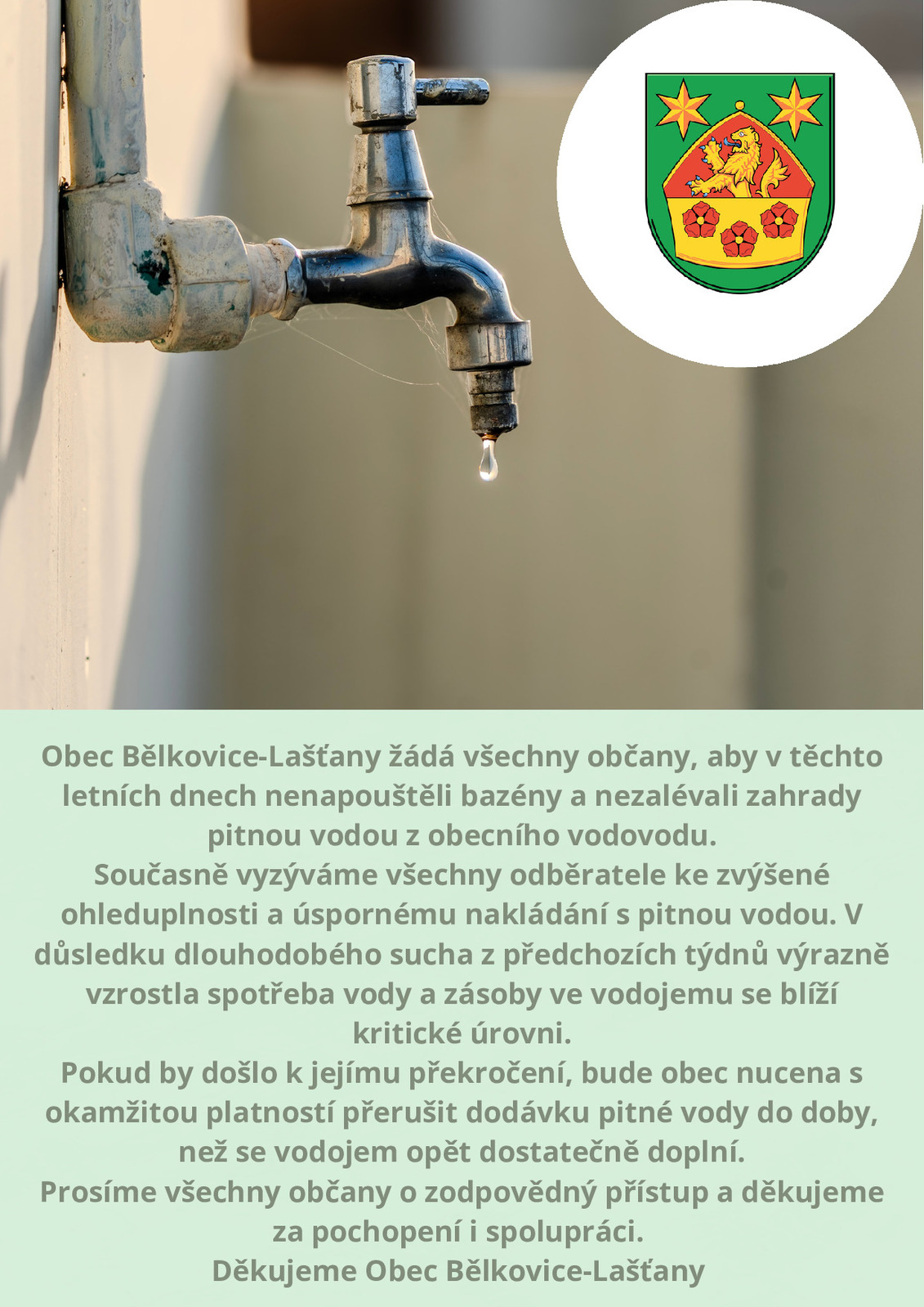 Náhledový obrázek článku: ZÁKAZ napouštění bazénů a zalévání vodou z obecního vodovodu