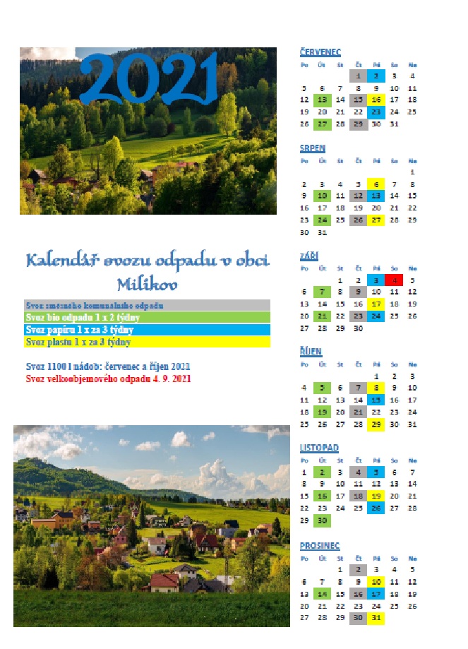 Kalendář svozu odpadů na II. pololetí 2021