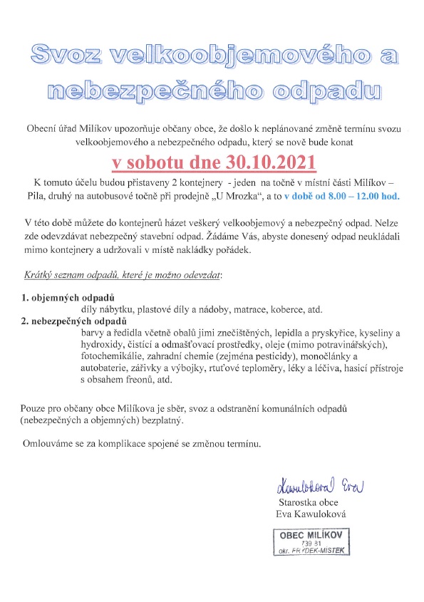 Změna termínu velkoobjemového a nebezpečného odpadu